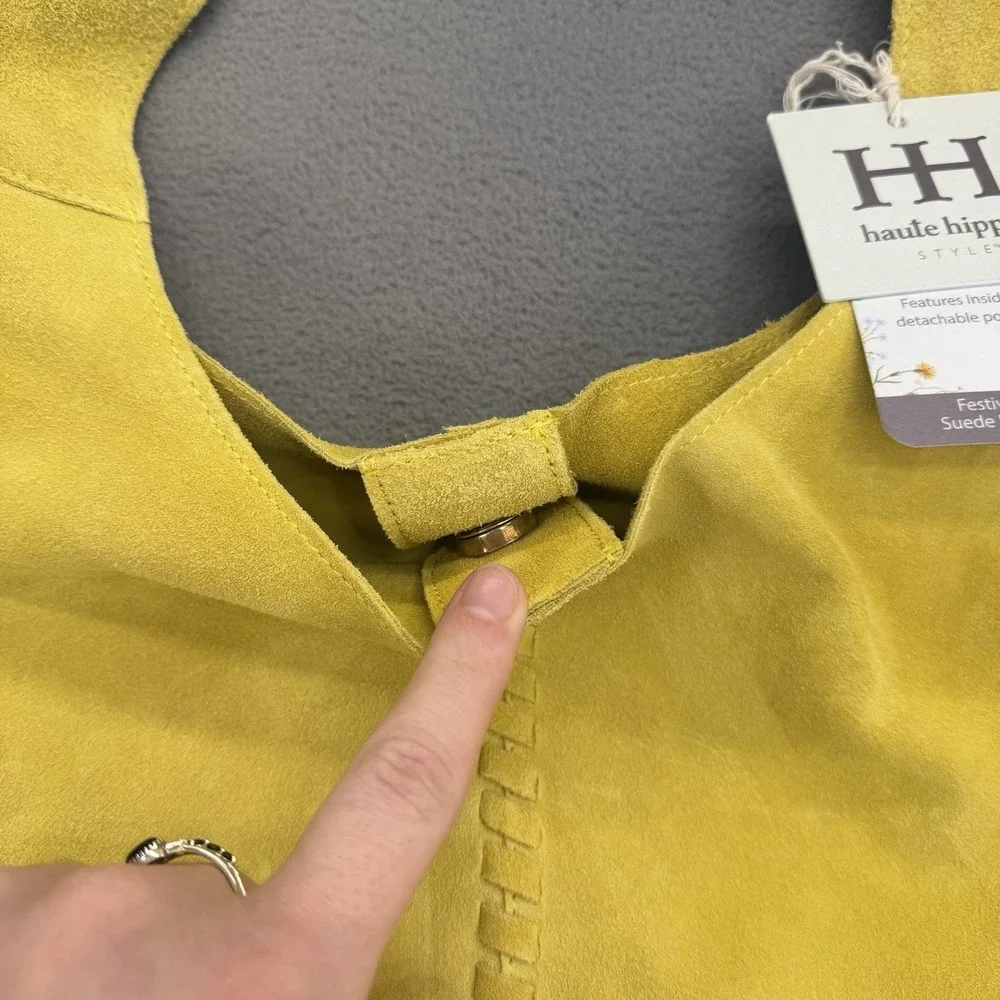 Haute Hippie Leather Festival Suede Leather Hobo Chartreuse Purse Bag Pouch New